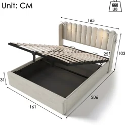 Okwish Lit Coffre 160x200 Cm - Lit Double avec Lampe de Lecture et Ports USB - Lin - Sans Matelas - Beige