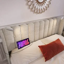Okwish Lit Coffre 160x200 Cm - Lit Double avec Lampe de Lecture et Ports USB - Lin - Sans Matelas - Beige
