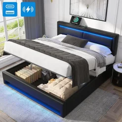 Generique Lit Coffre 140x200 cm - Lit Double Capitonné avec Port USB et Éclairage LED - Similicuir - Noir - Sans Matelas Sale