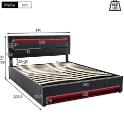Generique Lit Coffre 140x200 cm - Lit Double Capitonné avec Port USB et Éclairage LED - Similicuir - Noir - Sans Matelas Sale