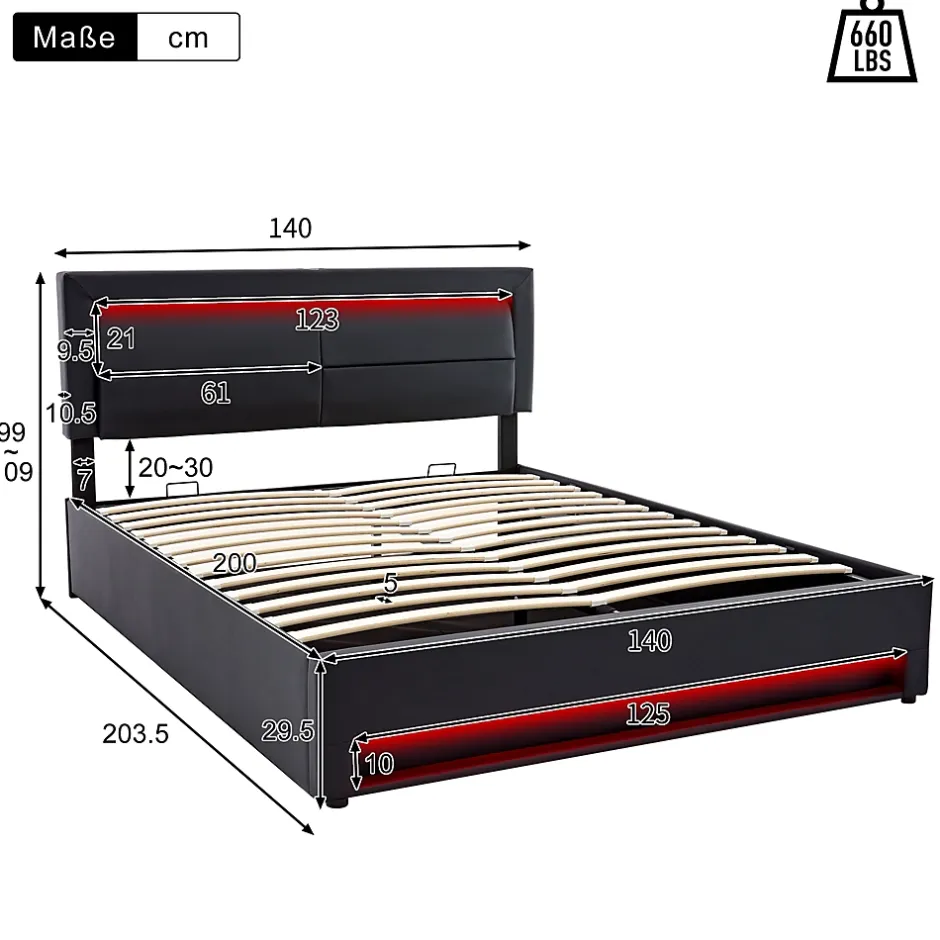 Generique Lit Coffre 140x200 cm - Lit Double Capitonné avec Port USB et Éclairage LED - Similicuir - Noir - Sans Matelas Sale
