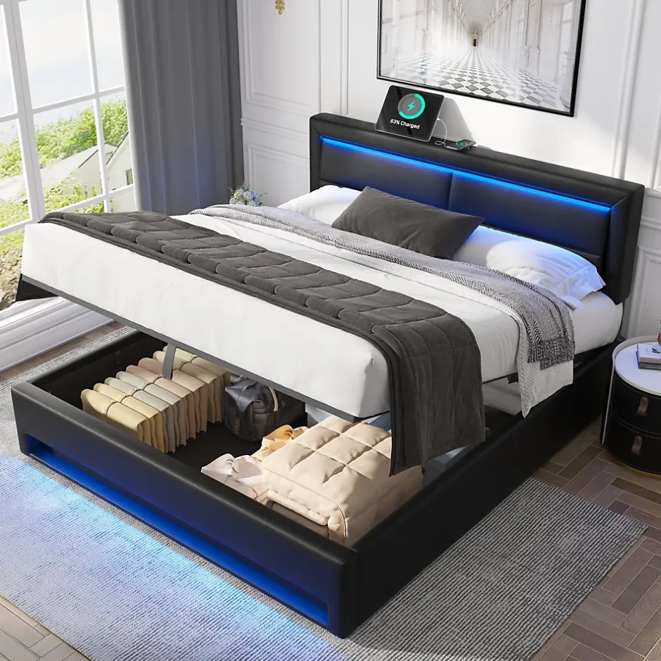 Generique Lit Coffre 140x200 cm - Lit Double Capitonné avec Port USB et Éclairage LED - Similicuir - Noir - Sans Matelas Sale