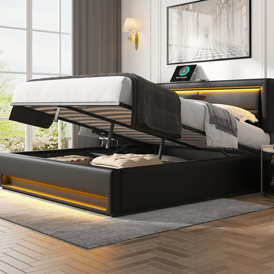 Generique Lit Coffre 140x200 cm - Lit Double Capitonné avec Port USB et Éclairage LED - Similicuir - Noir - Sans Matelas Sale