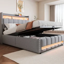 Okwish Lit coffre 140x200 cm - Lit double en lin gris clair avec LED intégrée, ports USB et rangement hydraulique - Sans matelas