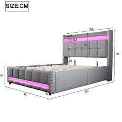 Okwish Lit coffre 140x200 cm - Lit double en lin gris clair avec LED intégrée, ports USB et rangement hydraulique - Sans matelas