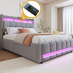 Okwish Lit coffre 140x200 cm - Lit double en lin gris clair avec LED intégrée, ports USB et rangement hydraulique - Sans matelas