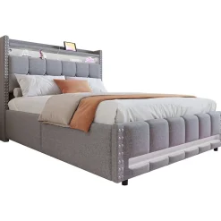 Okwish Lit coffre 140x200 cm - Lit double en lin gris clair avec LED intégrée, ports USB et rangement hydraulique - Sans matelas