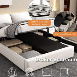 Okwish Lit coffre 140x200 cm - lit double capitonné élégant en velours avec 3 tiroirs et rangement hydraulique - blanc - sans matelas Online