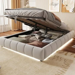 Okwish Lit Coffre 140x200 cm - Lit Double avec Rangement Intégré et Éclairage LED - Sans Matelas, Velours Beige