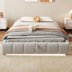 Okwish Lit Coffre 140x200 cm - Lit Double avec Rangement Intégré et Éclairage LED - Sans Matelas, Velours Beige