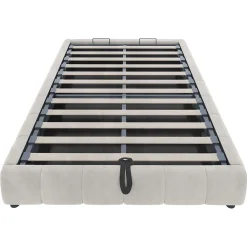 Okwish Lit Coffre 140x200 cm - Lit Double avec Rangement Intégré et Éclairage LED - Sans Matelas, Velours Beige