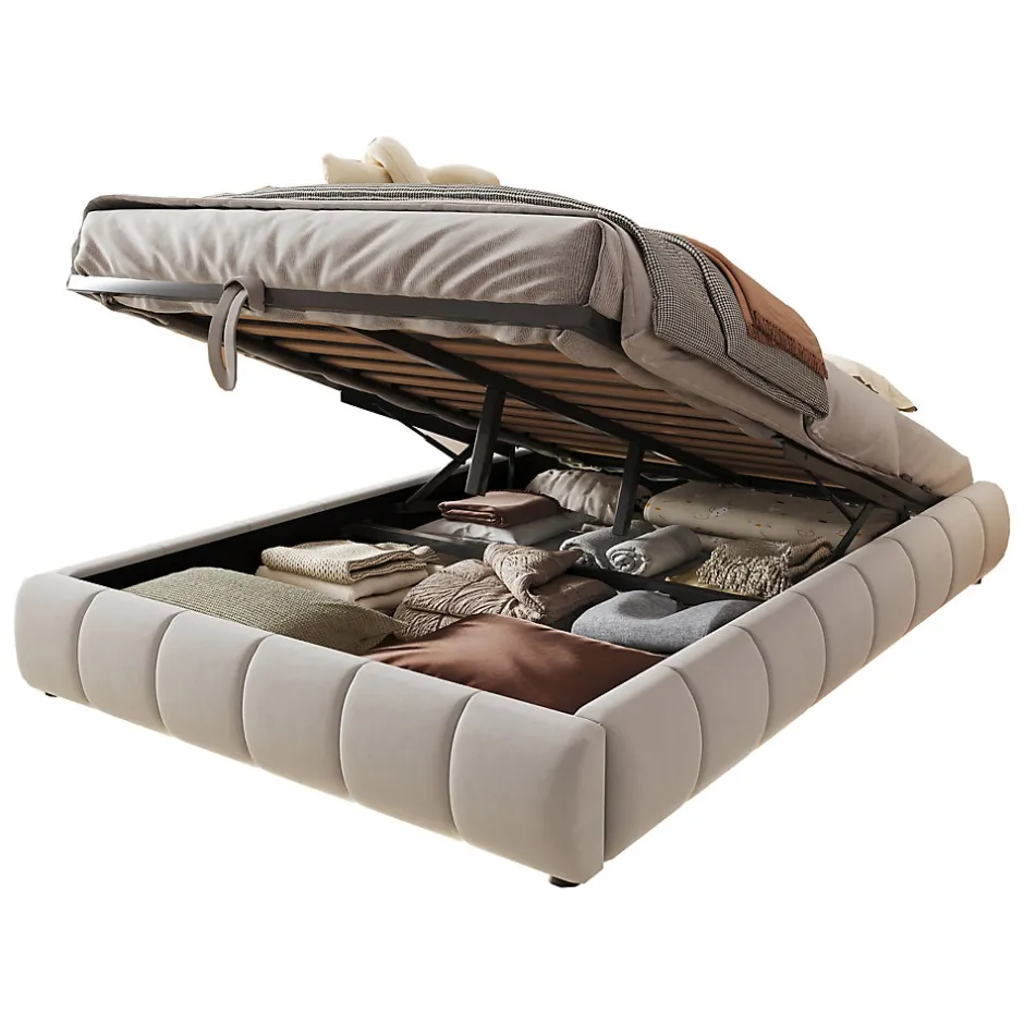 Okwish Lit Coffre 140x200 cm - Lit Double avec Rangement Intégré et Éclairage LED - Sans Matelas, Velours Beige