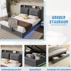 Generique Lit coffre 180x200 cm - Lit Double Capitonné avec Tiroirs et Éclairage LED - Velours - Sans Matelas - Gris Sale