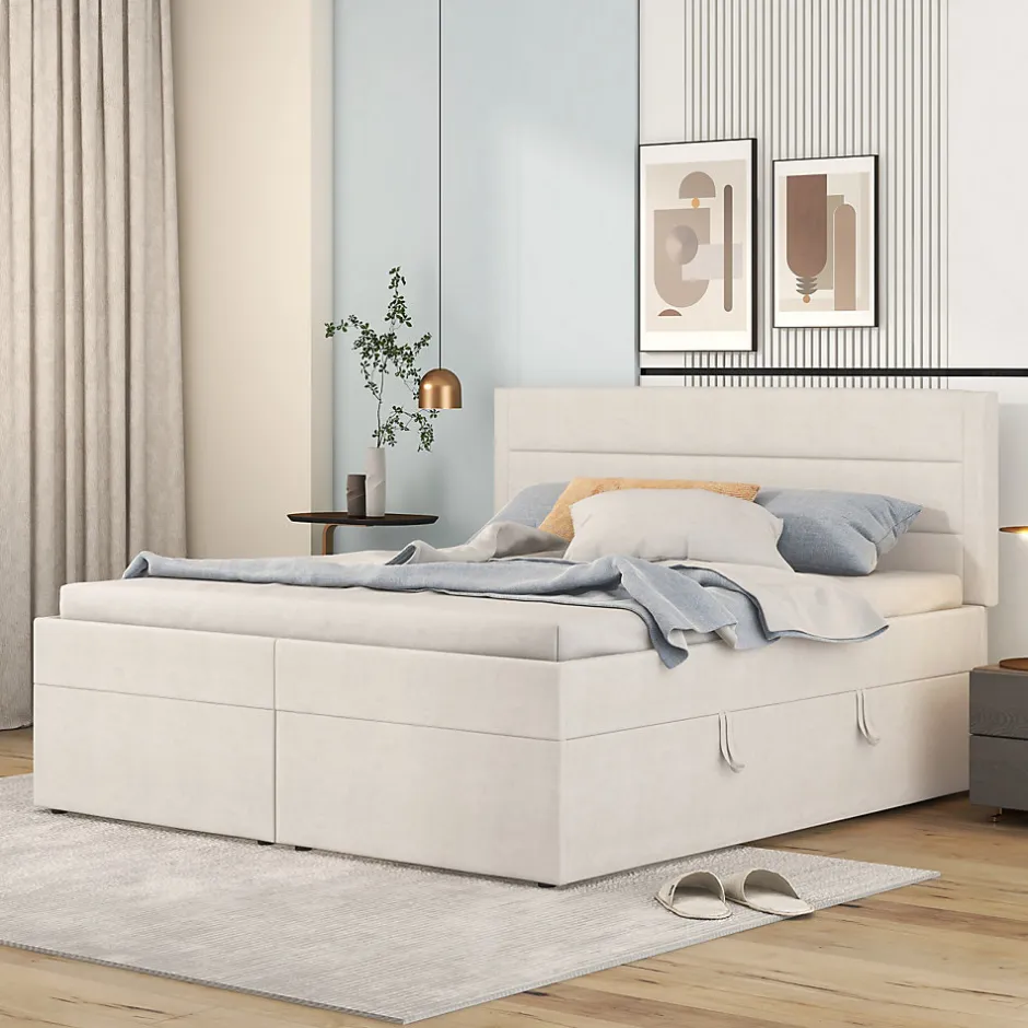 Simple Life Lit coffre 140x200 cm - Lit double avec sommier à lattes et tête de lit - ouverture2 côtés en Lin - Beige