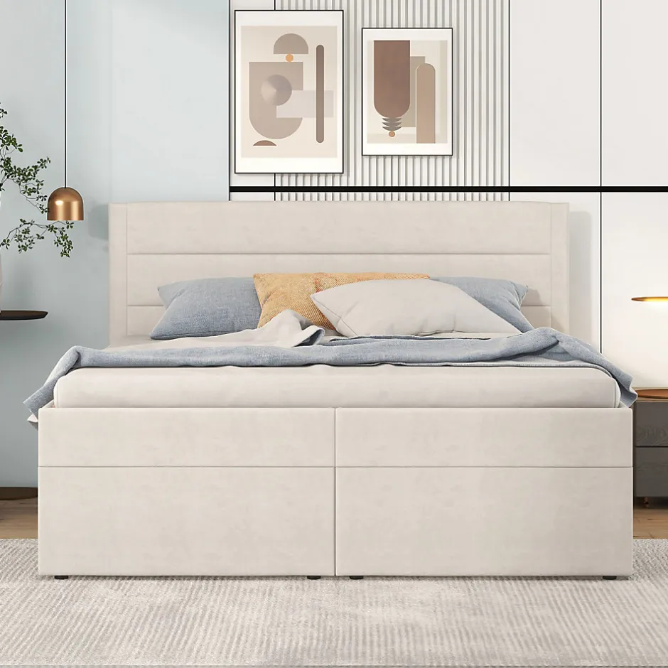 Simple Life Lit coffre 140x200 cm - Lit double avec sommier à lattes et tête de lit - ouverture2 côtés en Lin - Beige