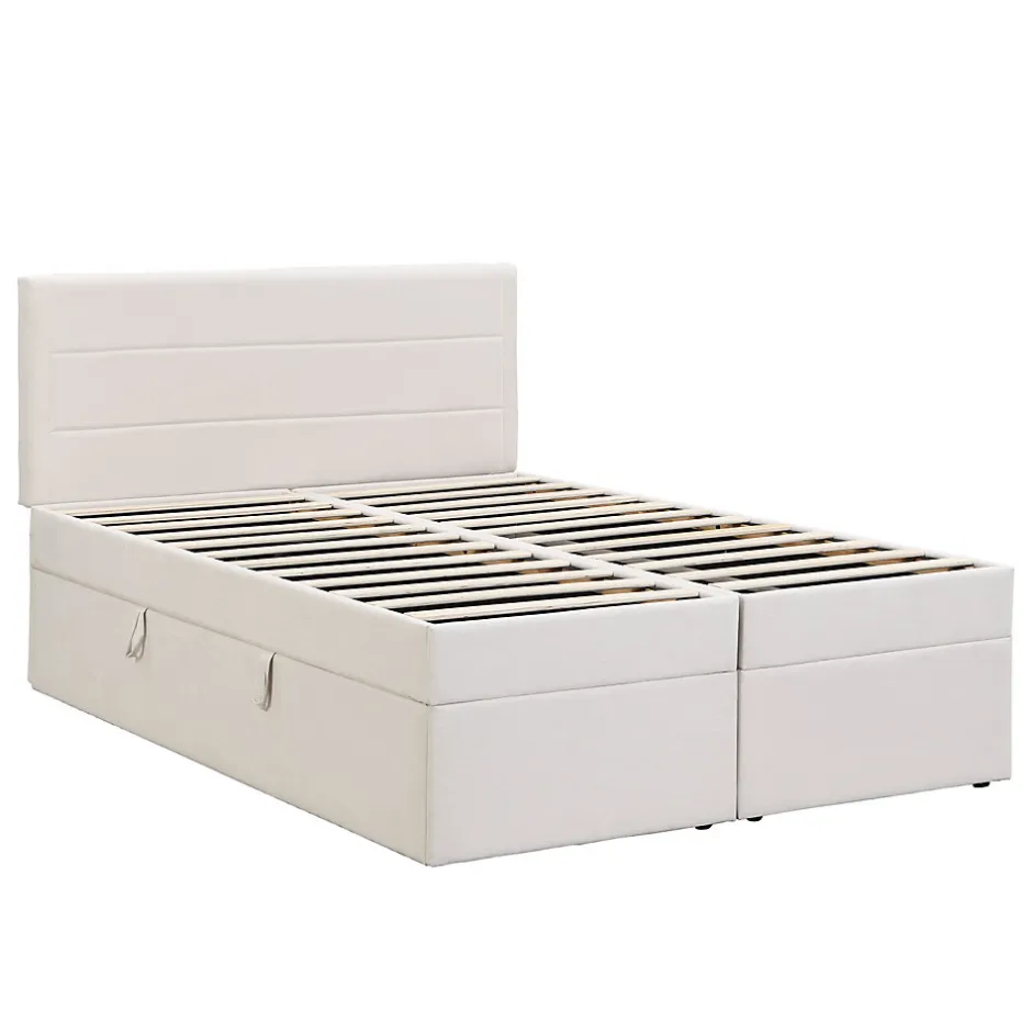 Simple Life Lit coffre 140x200 cm - Lit double avec sommier à lattes et tête de lit - ouverture2 côtés en Lin - Beige