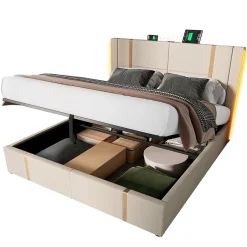 Okwish Lit coffre 140x200 cm - Lit double capitonné avec LED et chargement USB Type C - Textile en lin - Matelas Inclus - Beige Online