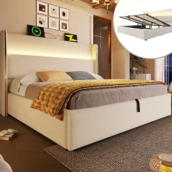 Okwish Lit Coffre 180x200 cm - Lit Double avec Sommier Relevable et Rangement - Ports USB Type-C - Tissu Lin Beige - Sans Matelas