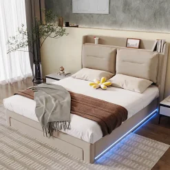 Generique Lit coffre 180x200 cm - Lit Double Capitonné avec Tiroirs et Éclairage LED - Velours - Sans Matelas - Beige Hot
