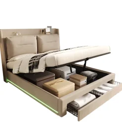 Generique Lit coffre 180x200 cm - Lit Double Capitonné avec Tiroirs et Éclairage LED - Velours - Sans Matelas - Beige Hot