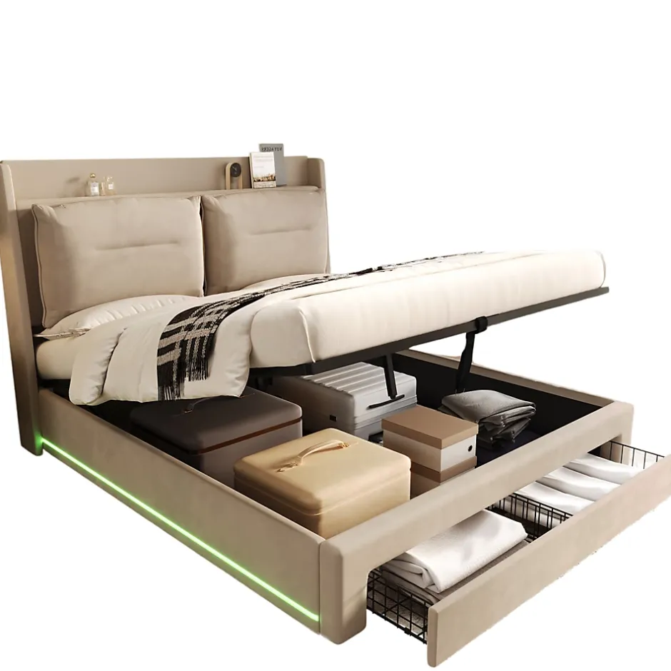 Generique Lit coffre 180x200 cm - Lit Double Capitonné avec Tiroirs et Éclairage LED - Velours - Sans Matelas - Beige Hot