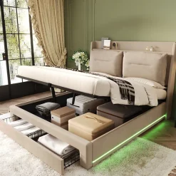 Generique Lit coffre 180x200 cm - Lit Double Capitonné avec Tiroirs et Éclairage LED - Velours - Sans Matelas - Beige Hot
