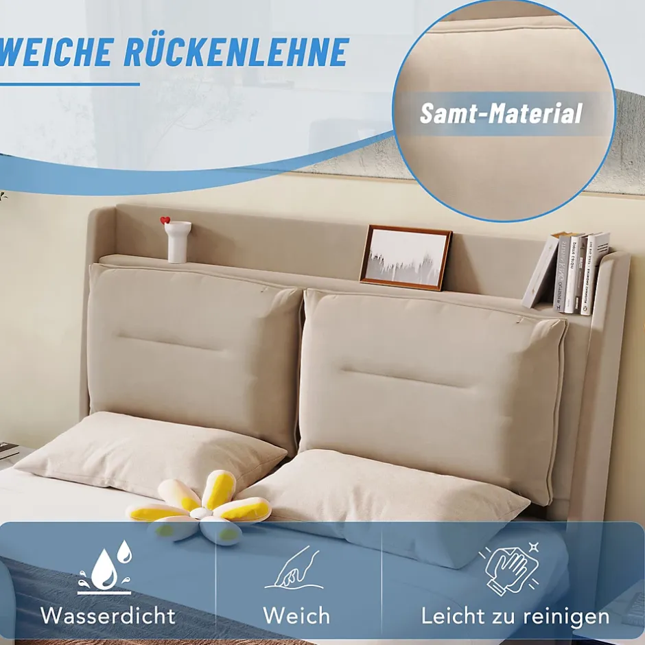 Generique Lit coffre 180x200 cm - Lit Double Capitonné avec Tiroirs et Éclairage LED - Velours - Sans Matelas - Beige Hot