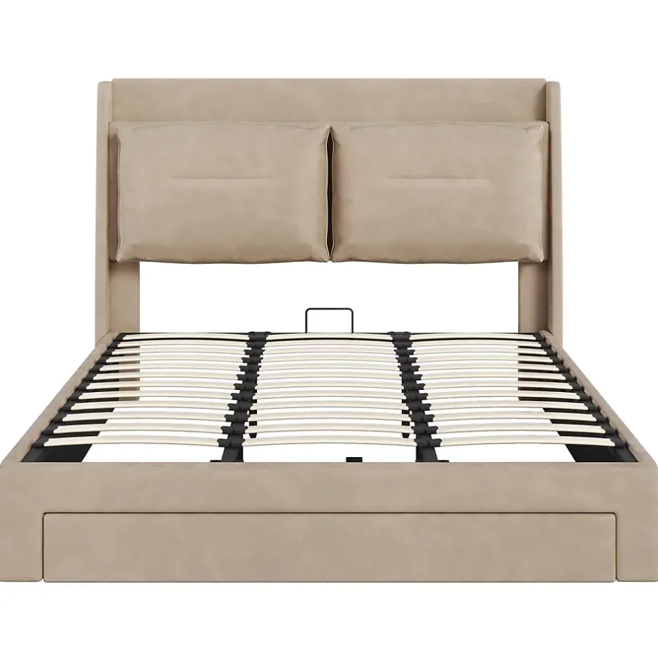 Generique Lit coffre 180x200 cm - Lit Double Capitonné avec Tiroirs et Éclairage LED - Velours - Sans Matelas - Beige Hot