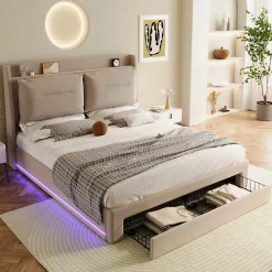 Generique Lit coffre 180x200 cm - Lit Double Capitonné avec Tiroirs et Éclairage LED - Velours - Sans Matelas - Beige Hot