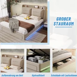 Generique Lit coffre 180x200 cm - Lit Double Capitonné avec Tiroirs et Éclairage LED - Velours - Sans Matelas - Beige Hot