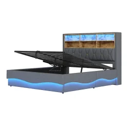 Okwish Lit Coffre 180x200 cm - Lit Double avec Rangement Hydraulique et Éclairage LED APP - avec Port USB - Lin et Métal - Gris New
