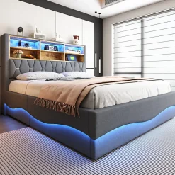 Okwish Lit Coffre 180x200 cm - Lit Double avec Rangement Hydraulique et Éclairage LED APP - avec Port USB - Lin et Métal - Gris New