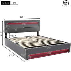 Generique Lit Coffre 140x200 cm - Lit Double Capitonné avec Port USB et Éclairage LED - Similicuir - Gris - Sans Matelas Hot