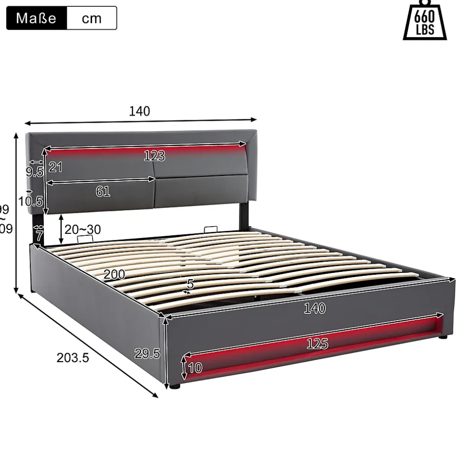 Generique Lit Coffre 140x200 cm - Lit Double Capitonné avec Port USB et Éclairage LED - Similicuir - Gris - Sans Matelas Hot