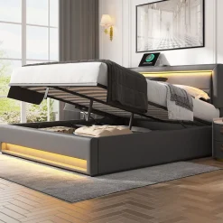 Generique Lit Coffre 140x200 cm - Lit Double Capitonné avec Port USB et Éclairage LED - Similicuir - Gris - Sans Matelas Hot