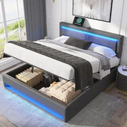 Generique Lit Coffre 140x200 cm - Lit Double Capitonné avec Port USB et Éclairage LED - Similicuir - Gris - Sans Matelas Hot
