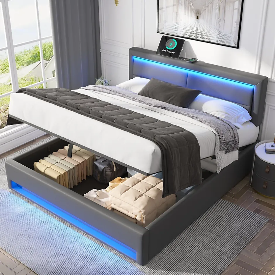 Generique Lit Coffre 140x200 cm - Lit Double Capitonné avec Port USB et Éclairage LED - Similicuir - Gris - Sans Matelas Hot