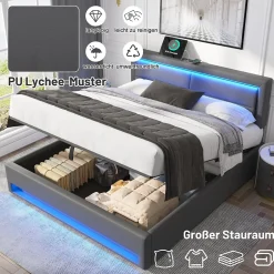 Generique Lit Coffre 140x200 cm - Lit Double Capitonné avec Port USB et Éclairage LED - Similicuir - Gris - Sans Matelas Hot