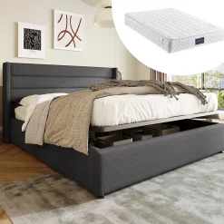 Okwish Lit coffre 160x200 cm - Lit double capitonné avec sommier à lattes - Lin - Matelas Inclus - Gris Hot