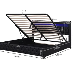 Okwish Lit coffre 180x200 cm - Lit double avec coffre de rangement et éclairage LED - Lit capitonné en cuir PU - Sans matelas - Noir