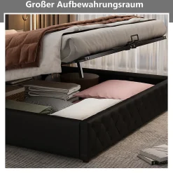 Okwish Lit coffre 180x200 cm - Lit double avec coffre de rangement et éclairage LED - Lit capitonné en cuir PU - Sans matelas - Noir