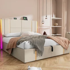 Okwish Lit coffre 180x200 cm - Lit double capitonné avec LED et USB Type C - Textile en lin - Sans Matelas - Beige Hot