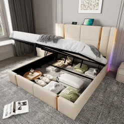 Okwish Lit coffre 180x200 cm - Lit double capitonné avec LED et USB Type C - Textile en lin - Sans Matelas - Beige Hot