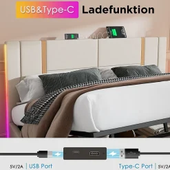 Okwish Lit coffre 180x200 cm - Lit double capitonné avec LED et USB Type C - Textile en lin - Sans Matelas - Beige Hot