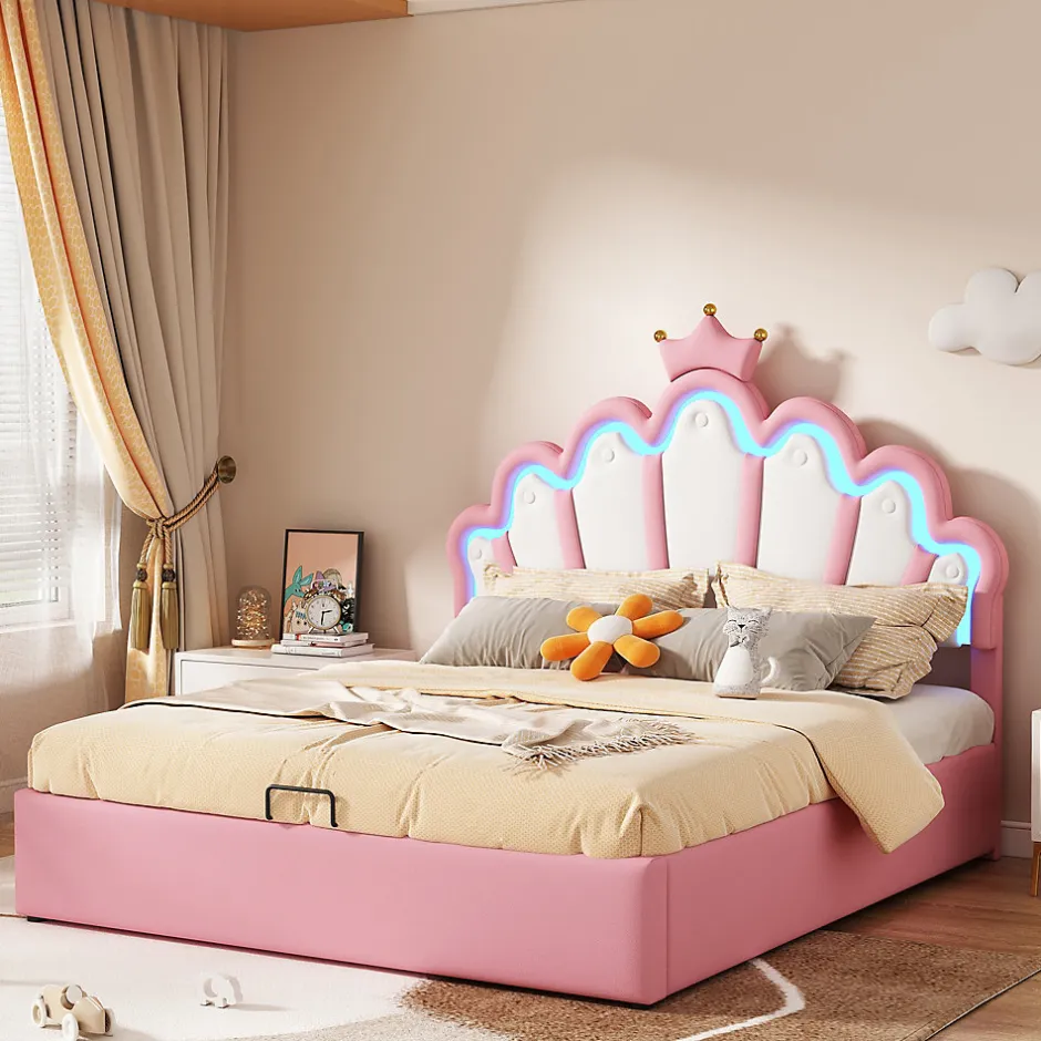 Okwish Lit Coffre 140x200 cm - Lit Double enfant avec Lumière d'Ambiance Réglable, Capitonné, MDF et Similicuir, Rose, Sans Matelas