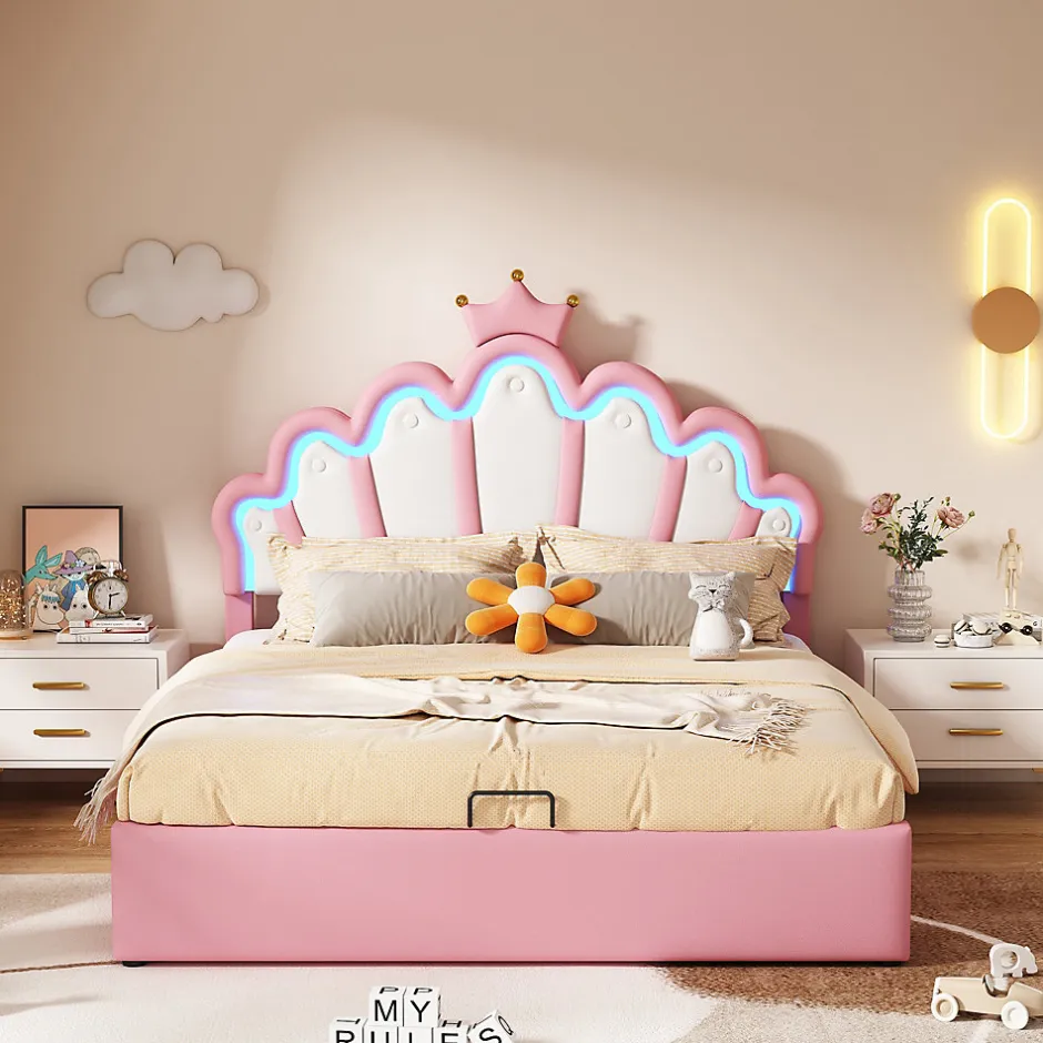 Okwish Lit Coffre 140x200 cm - Lit Double enfant avec Lumière d'Ambiance Réglable, Capitonné, MDF et Similicuir, Rose, Sans Matelas
