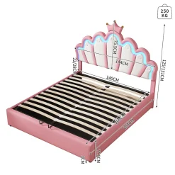 Okwish Lit Coffre 140x200 cm - Lit Double enfant avec Lumière d'Ambiance Réglable, Capitonné, MDF et Similicuir, Rose, Sans Matelas