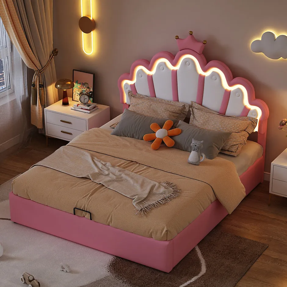Okwish Lit Coffre 140x200 cm - Lit Double enfant avec Lumière d'Ambiance Réglable, Capitonné, MDF et Similicuir, Rose, Sans Matelas