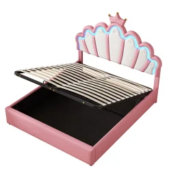 Okwish Lit Coffre 140x200 cm - Lit Double enfant avec Lumière d'Ambiance Réglable, Capitonné, MDF et Similicuir, Rose, Sans Matelas