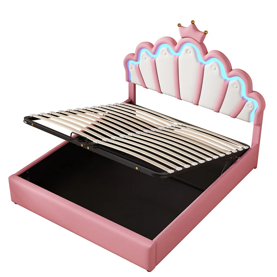 Okwish Lit Coffre 140x200 cm - Lit Double enfant avec Lumière d'Ambiance Réglable, Capitonné, MDF et Similicuir, Rose, Sans Matelas